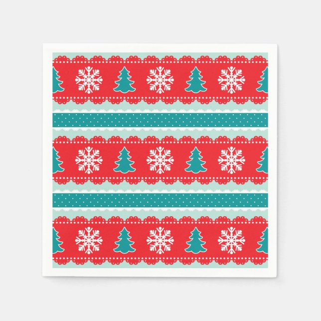 Modern Christmas Pattern With Snowflakes & Trees Napkin (Front)