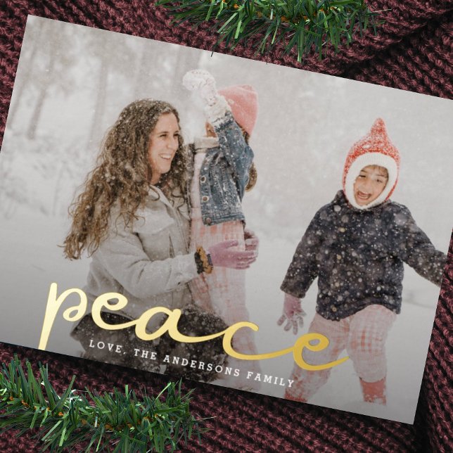 Modern Christmas PEACE Hand Lettering Family Photo Foil Holiday Card (Creator Uploaded)