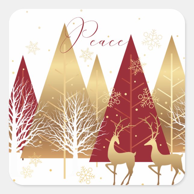 Modern Christmas Peace Holiday Red Gold Square Sticker (Front)