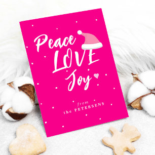 Modern Christmas peace love joy script pink Holiday Card