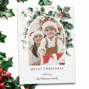 Modern Christmas Photo Arch w/Holly Holiday Card