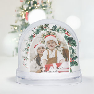 Modern Christmas Photo Arch w/Holly Snow Globe