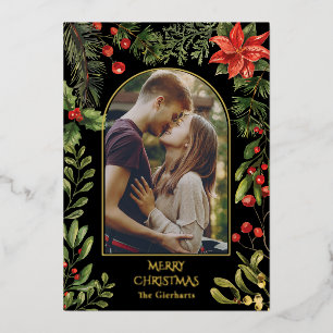Modern Christmas Photo Arch Watercolor Floral Foil Holiday Card