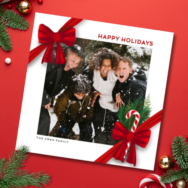 Modern Christmas Photo Card with Red Bows (Season Greetings Photo Card with big red bows, candy cane, greenery - Merry Christmas Happy Holidays)