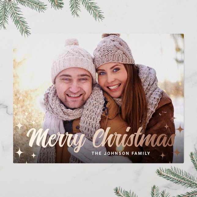 Modern Christmas PHOTO Greeting Rose Gold Foil Holiday Postcard (Creator Uploaded)