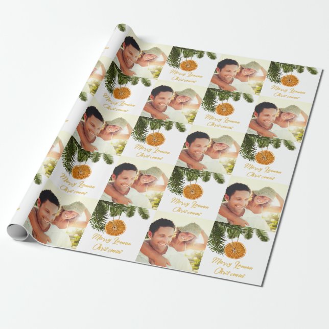 Modern Christmas Photo Pattern Lemon  Wrapping Paper (Unrolled)