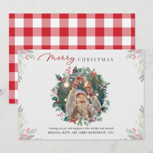 Modern Christmas Photo Stylish Plaid Berries Holiday Card