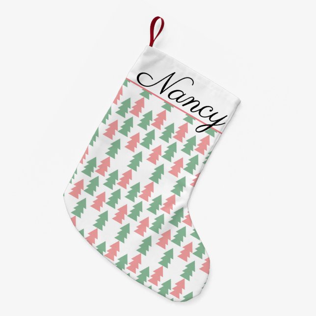 Modern Christmas Pink Green Christmas Trees Small Christmas Stocking (Front (Hanging))