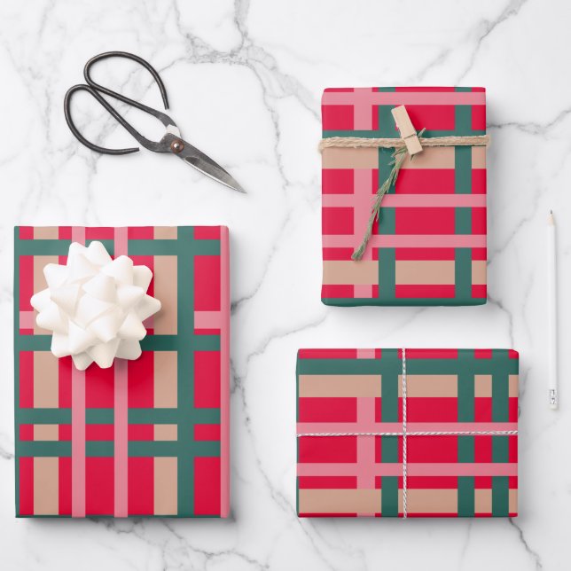 Modern Christmas Plaid Bright Red Green Lines Wrapping Paper Sheet (Front)