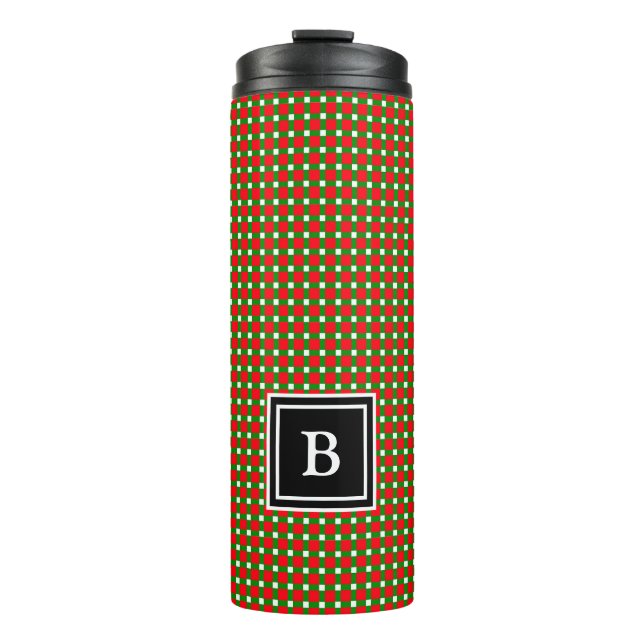 Modern Christmas Plaid Monogram Initial Red Green Thermal Tumbler (Front)