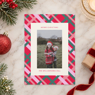 Modern Christmas Plaid Red Green Family Photo Holiday Card