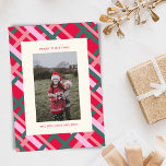 Modern Christmas Plaid Red Green Vertical Photo Holiday Card<br><div class="desc">Spread holiday cheer with this Modern Christmas Plaid Red Green Vertical Photo Holiday Card. Featuring a classic plaid pattern in festive red and green, this card adds a touch of contemporary flair to a beloved holiday motif. The vertical layout perfectly showcases your favourite photo, making it a standout piece that...</div>