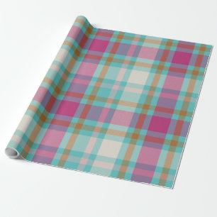 Modern Christmas Plaid tartan retro hot pink aqua  Wrapping Paper