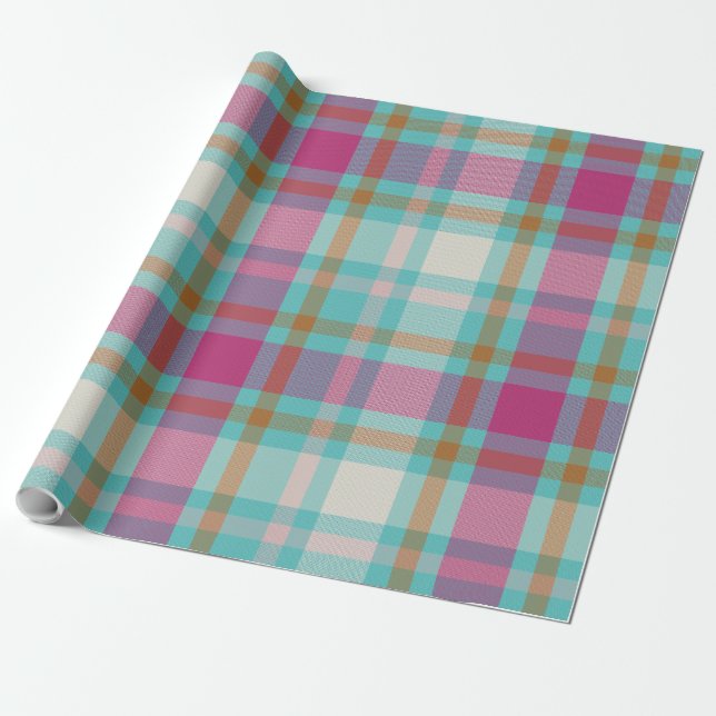Modern Christmas Plaid tartan retro hot pink aqua  Wrapping Paper (Unrolled)