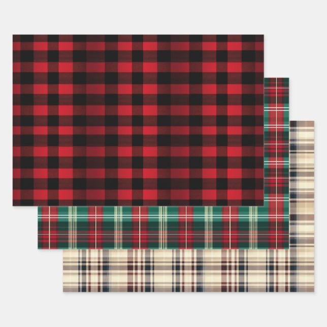 Modern Christmas Plaids Trio Wrapping Paper Sheet (Set)