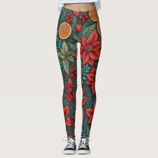 Modern Christmas Poinsettia Oranges Leaves Leggings