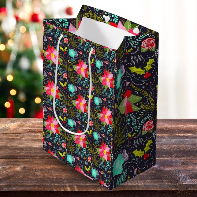 Modern Christmas Poinsettia Pattern Medium Gift Bag (Creator Uploaded)