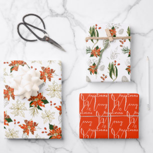 Modern Christmas Pointsettia Patterns Coordinated Wrapping Paper Sheet