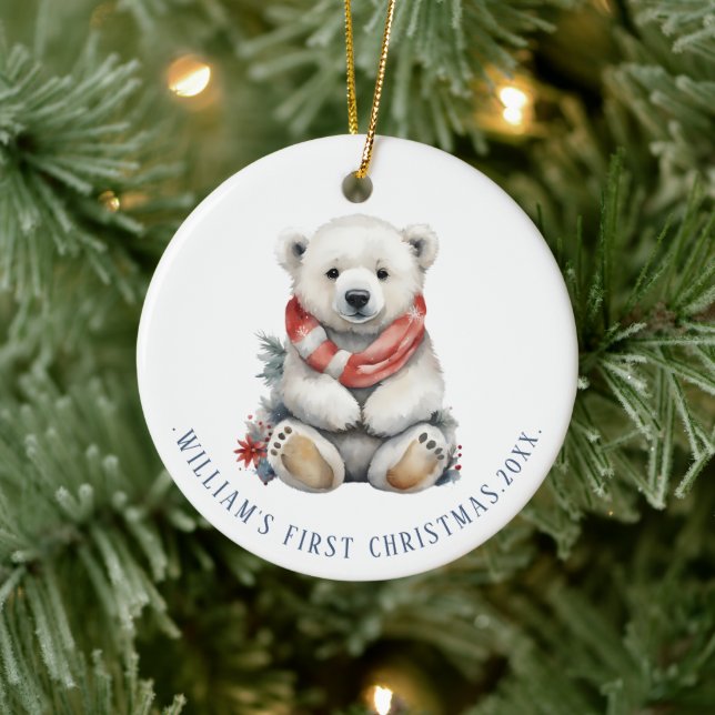 Modern Christmas Polar Bear with Red Scarf Round Ceramic Tree Decoration (Tree)