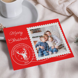 Modern Christmas Postage Stamp Photo Red Holiday Card