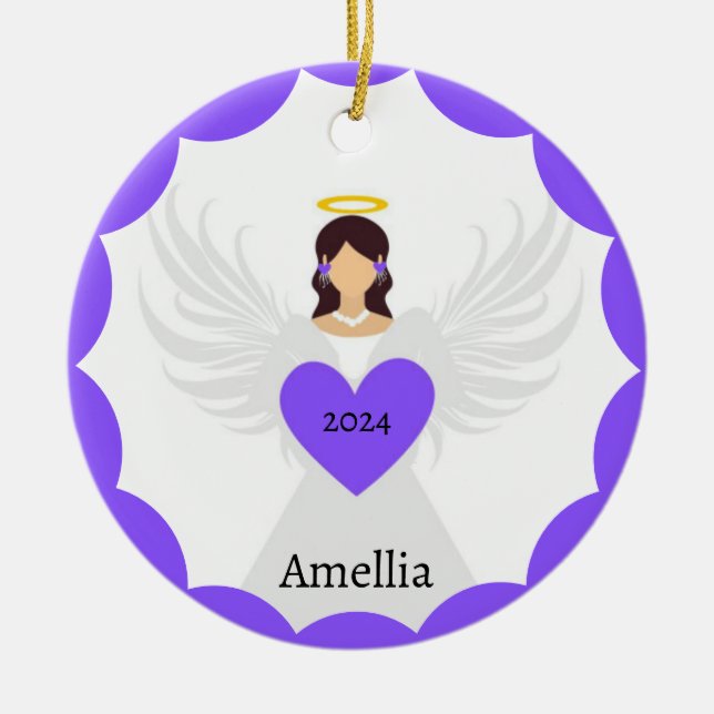 Modern Christmas Purple Angel Heart Custom Name Ceramic Tree Decoration (Front)