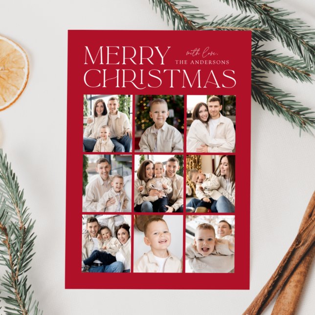Modern Christmas Red 9 Photo Collage Holiday Card (Creator Uploaded)