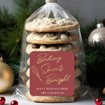 Modern Christmas Red and Gold Holiday Baking Gift Square Sticker<br><div class="desc">Custom-designed holiday baking gift stickers and labels featuring "baking spirits bright" modern gold calligraphy design with personalised name.</div>
