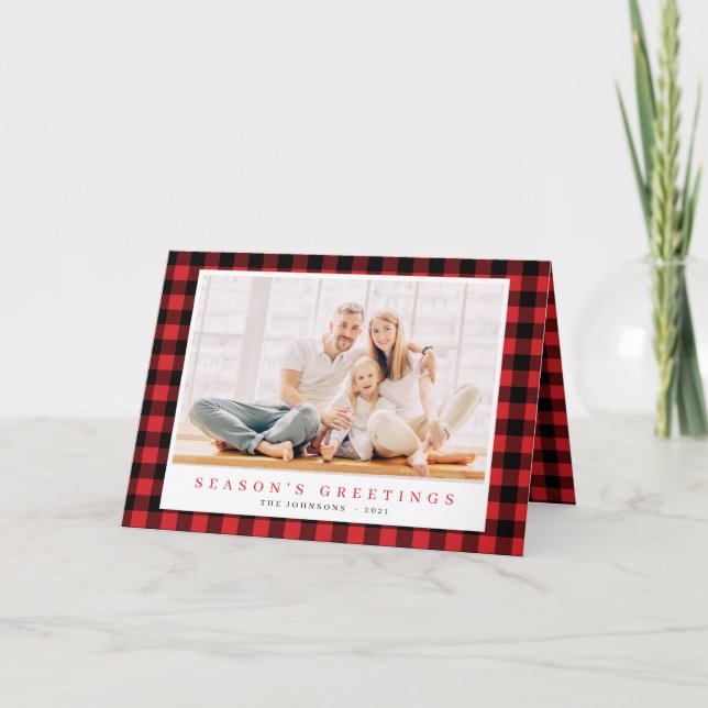 Modern Christmas Red Black Plaid Tartan Pattern Holiday Card (Front)