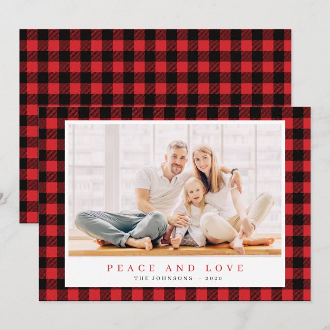 Modern Christmas Red Black Plaid Tartan Pattern Holiday Card (Front/Back)