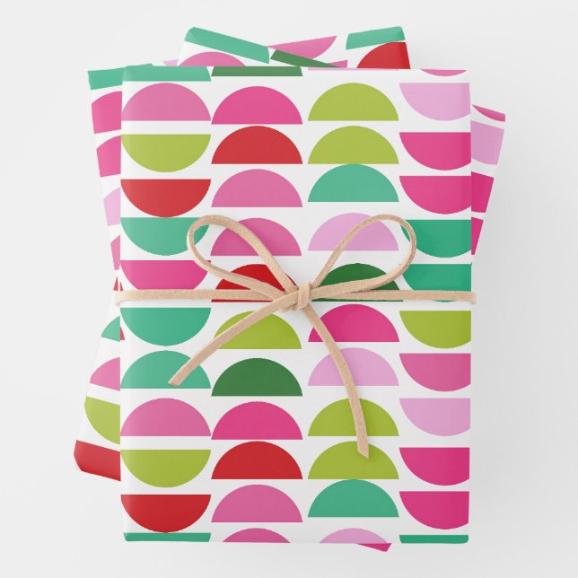 Modern Christmas Red Green Pink Geometric Cute Wrapping Paper Sheet (In situ)
