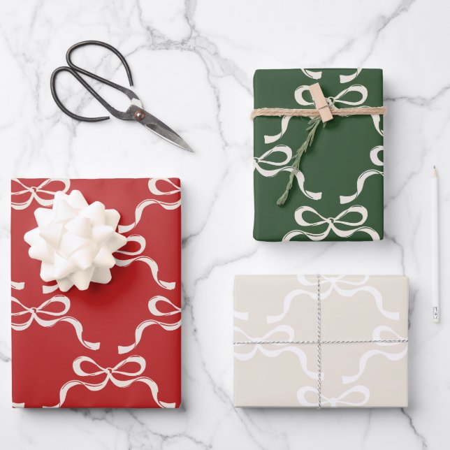 Modern Christmas Red Green White Retro Bows  Wrapping Paper Sheet (Front)