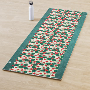 Modern Christmas Red Holly Meditation.Green Floral Yoga Mat