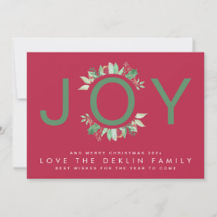 Modern Christmas RED Magenta JOY Wreath Photo Holiday Card
