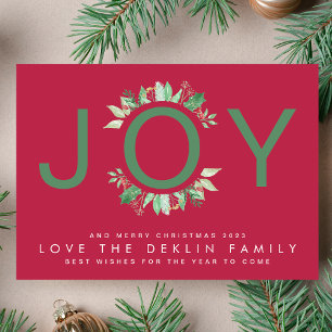 Modern Christmas RED Magenta JOY Wreath Photo Holiday Card