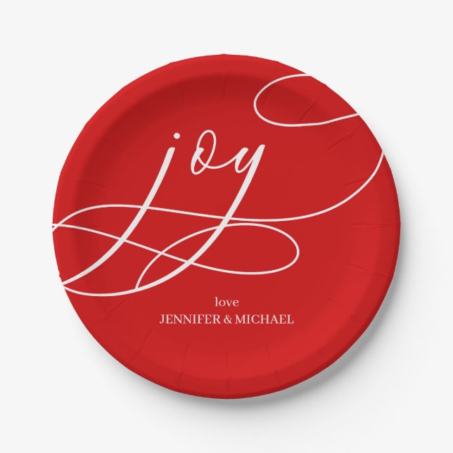 Modern Christmas | Red Minimal Joy Paper Plate (Front)
