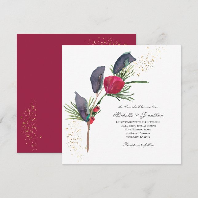 Modern Christmas Red Rose Winter Greenery Wedding Invitation (Front/Back)