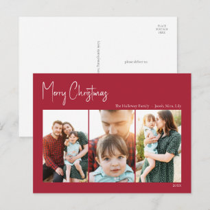Modern Christmas   Red Three-Photo Holiday Postcard