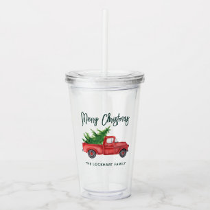 Modern Christmas Red Truck Script Family Holiday Acrylic Tumbler