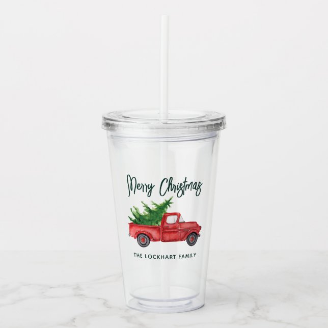 Modern Christmas Red Truck Script Family Holiday Acrylic Tumbler (Front)