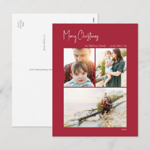 Modern Christmas   Red Vertical 3 Photo Holiday Postcard
