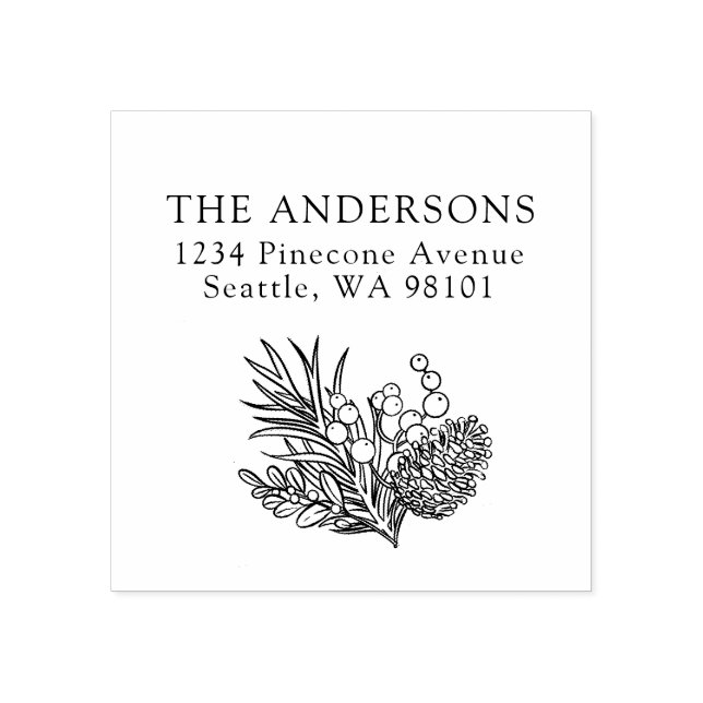Modern Christmas Return Address Winter Foliage Rubber Stamp (Imprint)