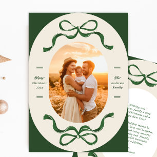 Modern Christmas Ribbons & Bows Green Oval Photo Holiday Card