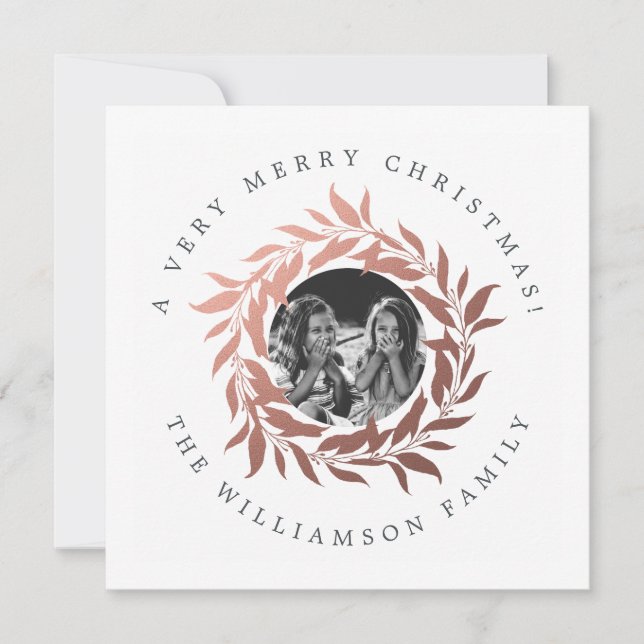 Modern Christmas Rose Gold Wreath Photo Holiday Card (Front)