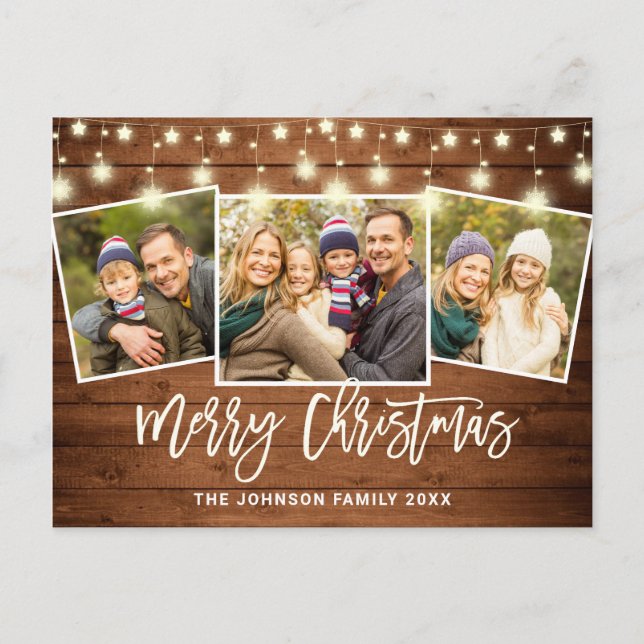 Modern Christmas Rustic  3 PHOTO Greeting Holiday Postcard (Front)