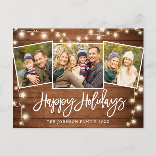Modern Christmas Rustic  3 PHOTO Greeting Holiday Postcard (Front)