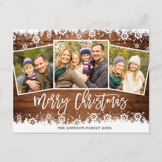 Modern Christmas Rustic  3 PHOTO Greeting Holiday Postcard (Front)