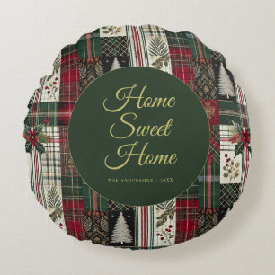 Modern Christmas Rustic Tartan Plaid Round Cushion