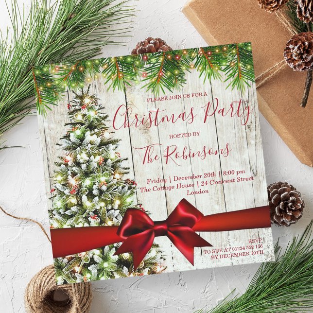 MODERN Christmas Rustic Tree, Lights & Red Ribbon Invitation (MODERN Christmas Rustic Tree, Lights & Red Ribbon Invitation)