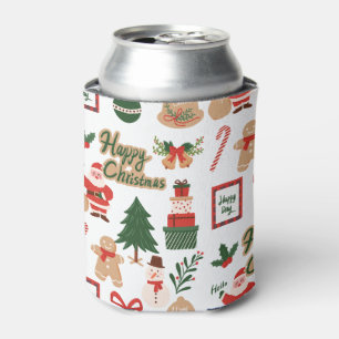 Modern Christmas Santa and Gingerbread Pattern Can Cooler