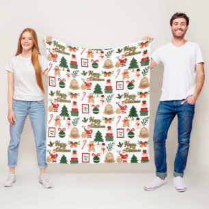 Modern Christmas Santa and Gingerbread Pattern Fleece Blanket